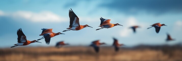 Fototapeta premium A dynamic image capturing a flock of birds in flight against a cloudy sky, depicting motion and freedom of nature's elements.