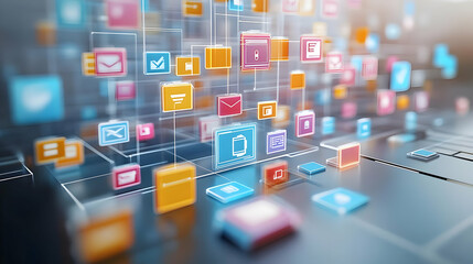 Desktop and Files Icons with Document Sharing text isolated on white background concept as Camera movement Focus on the desktop and files icons emphasizing document sharing during virtual meetings. Sc