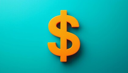 Fototapeta premium Vibrant orange dollar symbol on a cool turquoise background, representing finance and commerce in a modern design.