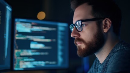Focused Programmer Working Late at Night on Computer Code