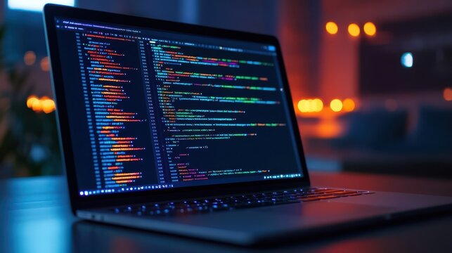 Laptop with Code and Blurred Lights