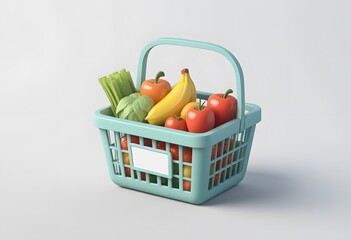 Shopping basket with groceries. Full red plastic grocery or food cart with products in cartoon style, side view, isolated on white. 3d rendering.
