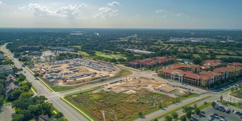 A drone aerial view of a commercial real estate development project with construction in progress