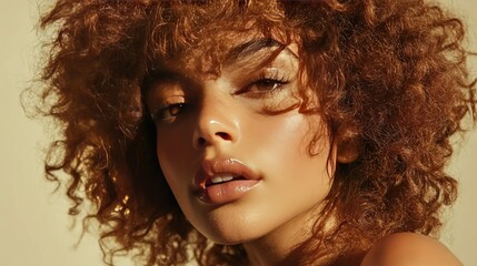 Fototapeta premium Close-up of a woman with curly hair styled in defined, bouncy curls, set against a plain backdrop to highlight the volume and natural texture.