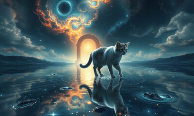 A fantasy scene of a cat with wings soaring gracefully through a twilight sky filled with swirling clouds and distant