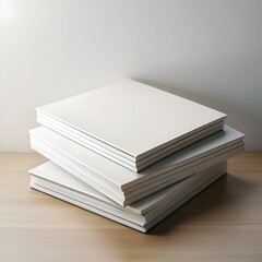 A stack of four blank white books on a light wood surface. perfect for showcasing your branding or design.
