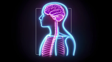 Neon illustration of human body anatomy highlighting brain and spine, showcasing vibrant colors and intricate details.