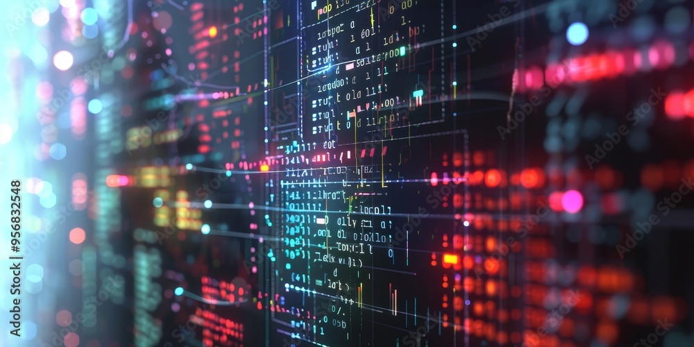 Poster a computer screen displaying code with a superimposed network grid, highlighting the flow of data