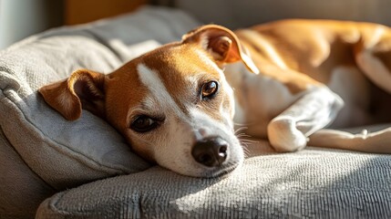Sad Dog Lying on Cushion with Soft Natural Lighting