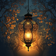 vector illustration, arabic lantern hanging on dark background, art of trees and branches in background, eid and ramadan logo design, Islamic concept