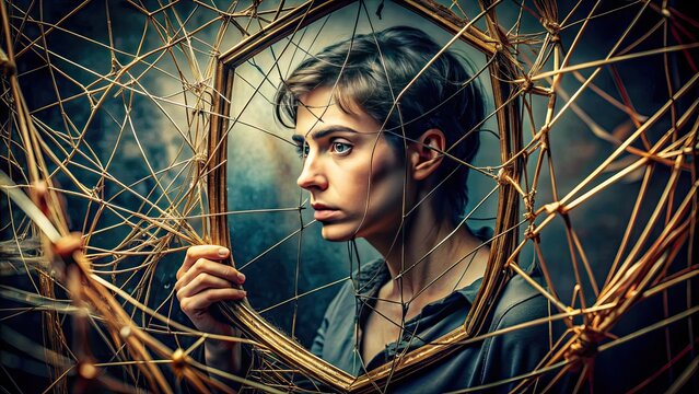 A person's reflection in a broken mirror, surrounded by tangled threads and whispers, conveys the unsettling feeling of being controlled and manipulated by external forces.