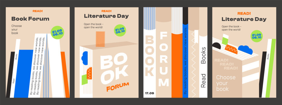 4 Abstract Posters for the Book Festival. The abstract, minimalist design will be a great addition to your project. Perfect as a poster for a forum, literary events, book club advertising and more