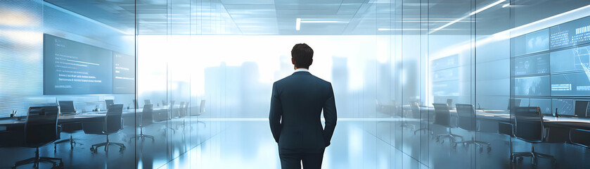Fototapeta premium Executive leading a glossy virtual meeting in a modern office concept as Camera movement Pan across the screen highlighting the executive leading the meeting with glossy polished visuals. Scene A high