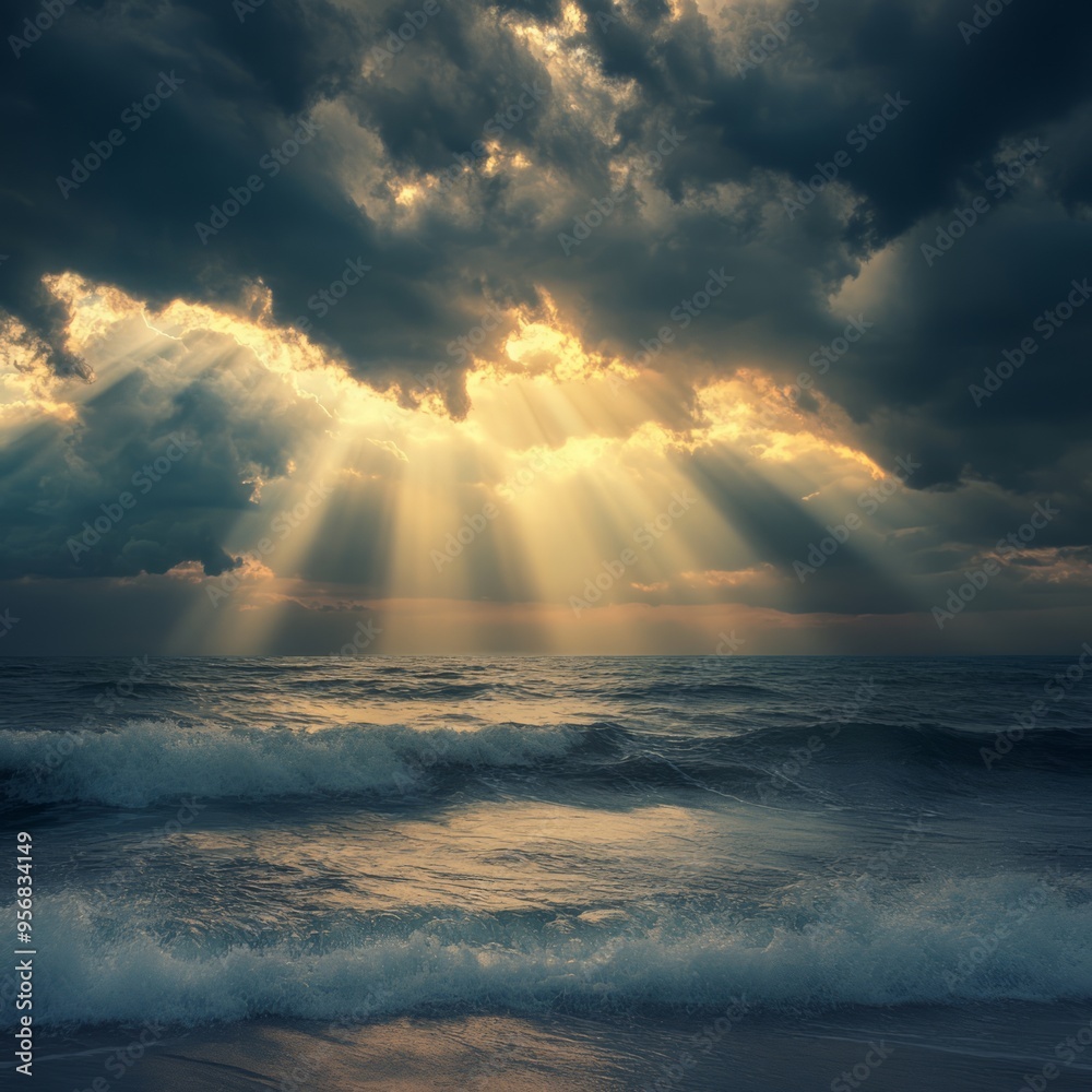 Canvas Prints Sunbeams breaking through dark clouds over a stormy sea.