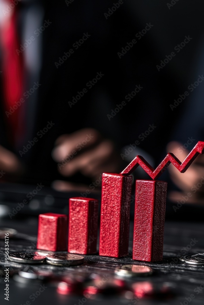 Poster closeup of red bar graph with rising arrow conveying financial growth and success on a dark backgrou