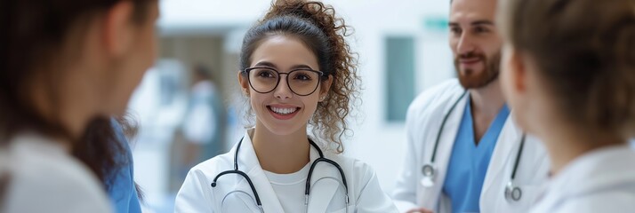 Happy young female doctor in a hospital setting, embodying positivity and professionalism with peers.