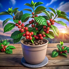 A vibrant 3D illustration of a coffee plant bursting with ripe red berries. set against a beautiful sunset backdrop.