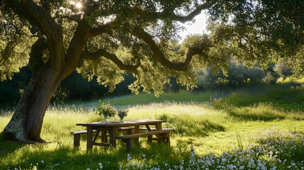 Obraz premium A cozy nook in a sun-dappled park, where a large oak tree provides cool shade over a rustic wooden table and chairs, surrounded by tall grass and blooming wildflowers, creating a tranquil retreat