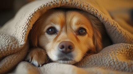 Sick Dog Seeking Comfort Under Warm Blanket in Gentle Home Setting