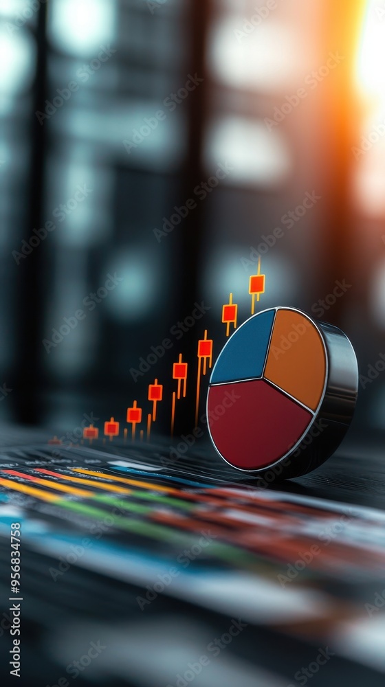 Poster digital stock market concept with pie chart and rising graph bars on a blurred dark background, repr