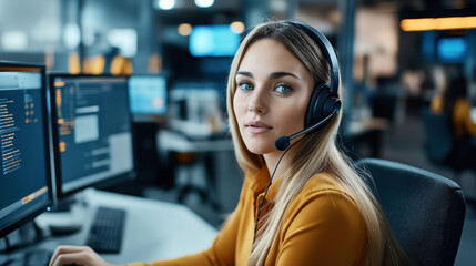 A young woman wearing a headset working at a computer in a modern office environment, likely providing customer support or technical assistance.