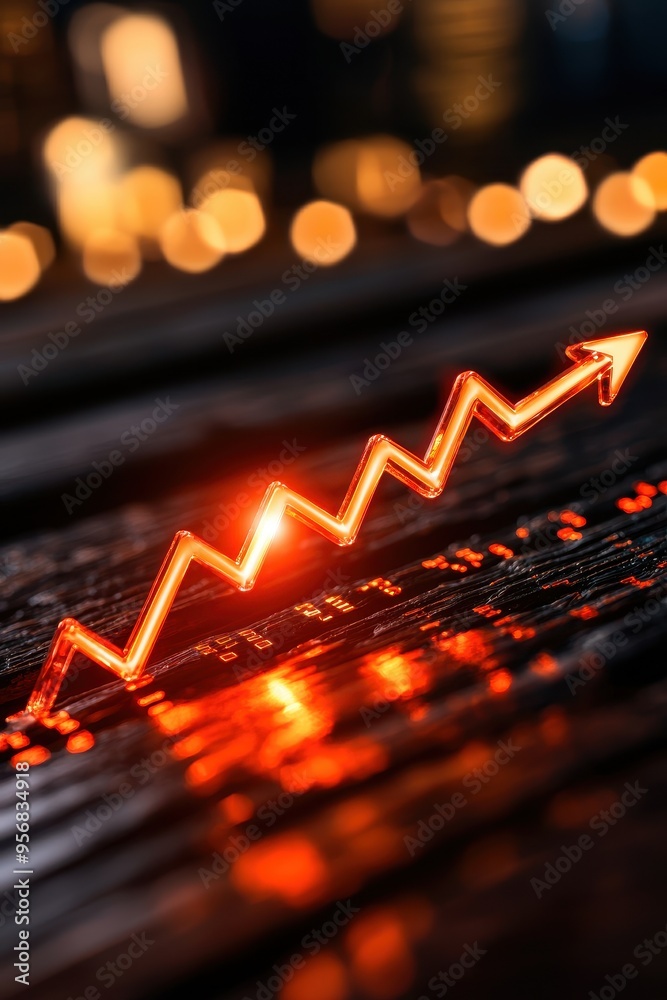 Poster Glowing red arrow graph showing financial growth on a dark background with bokeh lights, representing success and market trends.