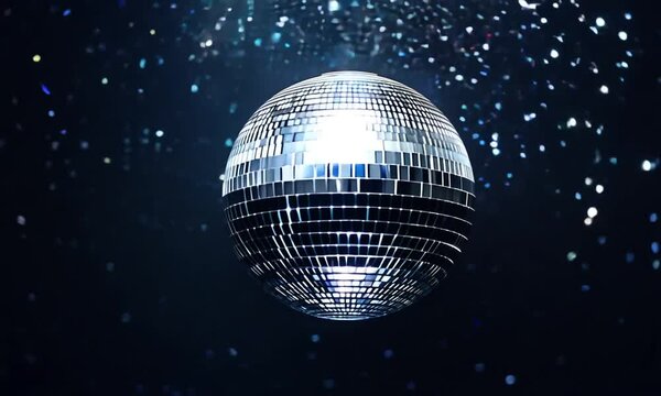 Rotating flashing glowing disco ball on black background. An indispensable accessory for music parties. Generative AI