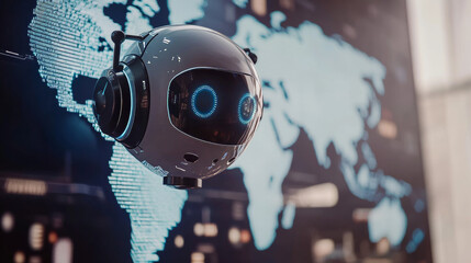 AI technology concept: A robot or chatbot head hovering over a digital map of the world. Artificial intelligence communicating with various locations on the globe for business. A cyborg face analyzing