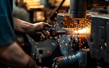 A close-up of a worker using a drill, producing sparks in a workshop environment.