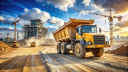 Obraz premium A rugged, yellow dump truck travels down a dirt road, hauling heavy materials amidst a bustling construction site with excavators, cranes, and scaffolding in the background.