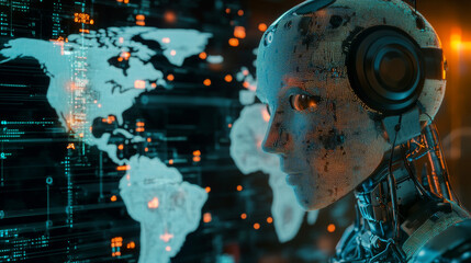 AI technology concept: A robot or chatbot head hovering over a digital map of the world. Artificial intelligence communicating with various locations on the globe for business. A cyborg face analyzing