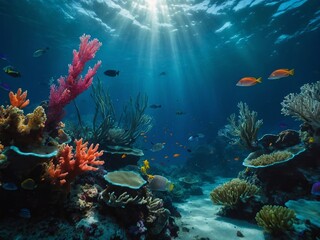 A mystical underwater scene with bioluminescent creatures swimming among vibrant coral reefs, creating an ethereal and otherworldly environment.