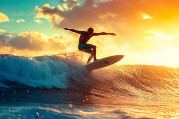 Surfer jumping on the wave at the golden hour on a tropical beach.