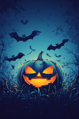 Fototapeta premium Halloween pumpkin illustration with bats and grass on a blue and dark background. 