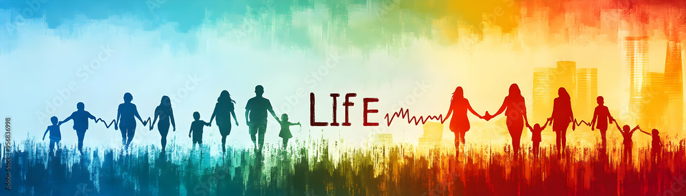 Wall mural Family Heartbeat with Life Text concept as An isolated vector of a heartbeat line with diverse family members accompanied by the word Life in a bold energetic font. This design represents the vitality