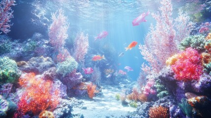 Naklejka premium Glassmorphism Fish & Vibrant Coral Reefs: An Immersive AR Underwater Scene