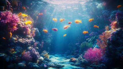 Naklejka premium Immersive AR Experience: Glowing Fish Swim Through Vibrant Coral Reefs