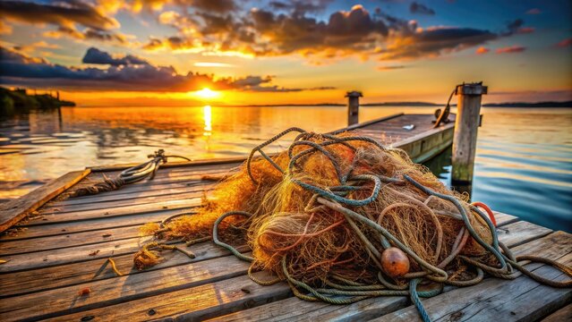 A rusty old fishing net filled with tangled lines and sharp barbed hooks lies abandoned on a weathered wooden dock at sunset.