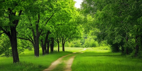 A dirt path meanders through a vibrant green forest filled with tall trees, inviting a peaceful walk in nature's lap.