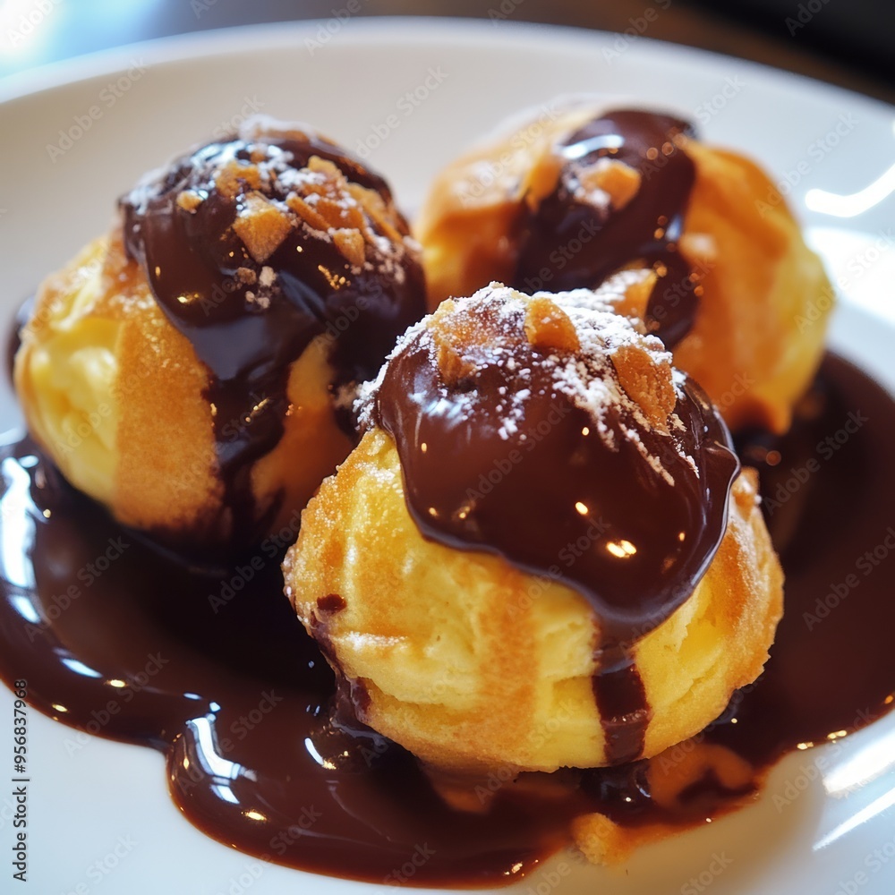 Poster Three chocolate-covered cream puffs with powdered sugar on a white plate.