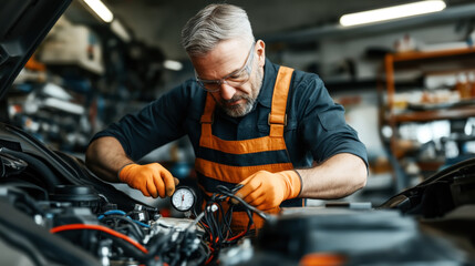 An automotive mechanic wearing safety glasses and an orange apron is working on a car engine in a garage, using a diagnostic tool to check engine parameters.