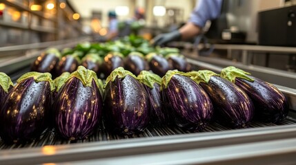 Fresh eggplants are being sorted on a production line in a modern food processing facility, showcasing farm-to-table practices.