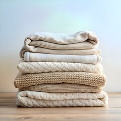 A stack of soft. cozy knitted sweaters in beige and white tones. perfect for a cozy winter vibe.