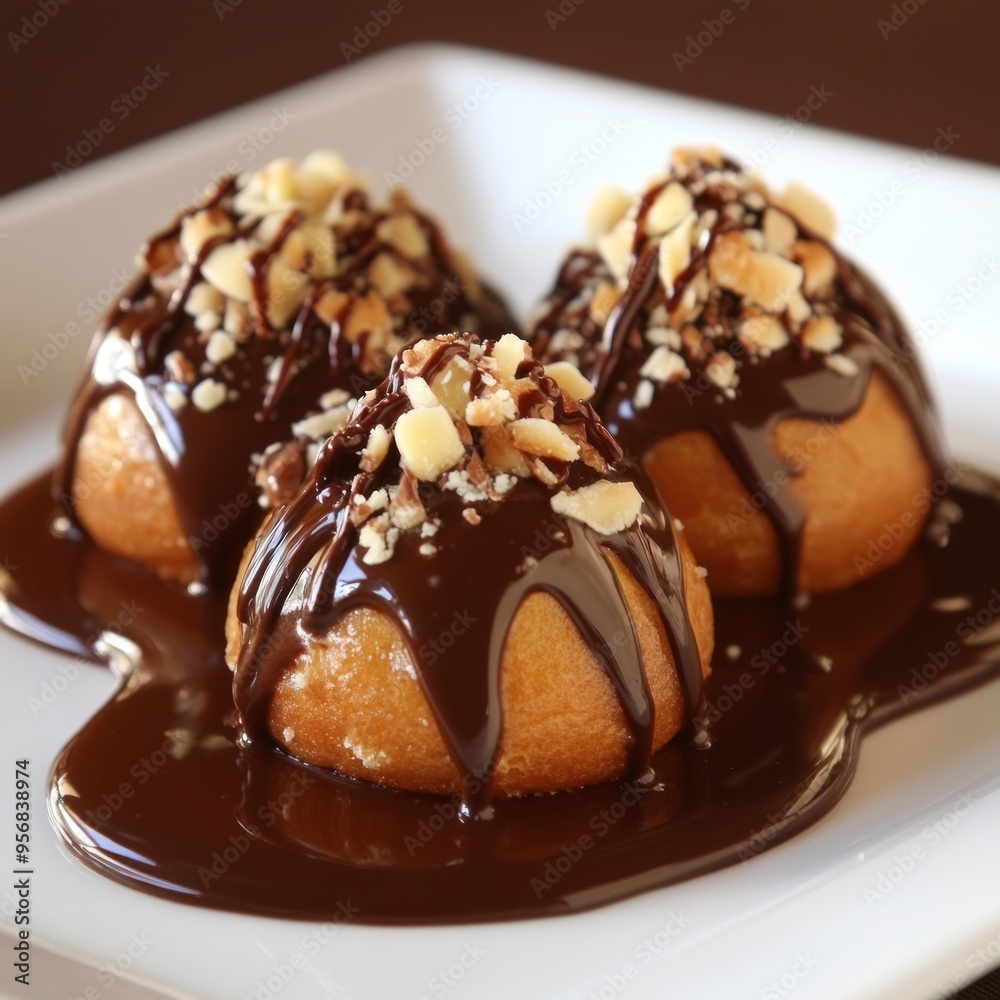 Sticker Three chocolate-covered pastries with nuts on a white plate.