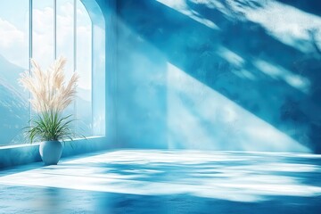 Blue Serenity: A minimalist interior design concept featuring a spacious blue room with a large window overlooking a mountain landscape. Soft sunlight streams through the window, casting dramatic shad