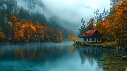 Fototapeta premium A Small House on a Misty Lake Surrounded by Autumn Trees