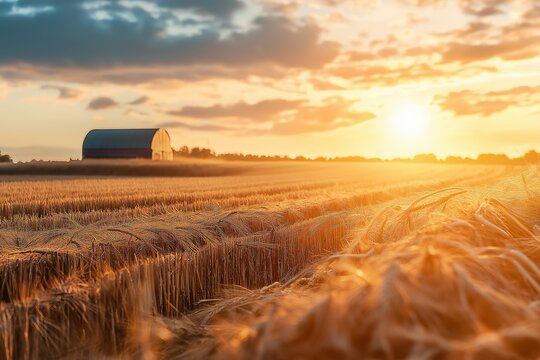 Golden wheat fields stretch out towards a distant barn under the warm glow of a sunset, showcasing serene countryside beauty.
