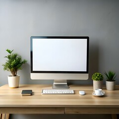 Modern computer mockup with blank screen. keyboard. mouse. and minimalist decor.