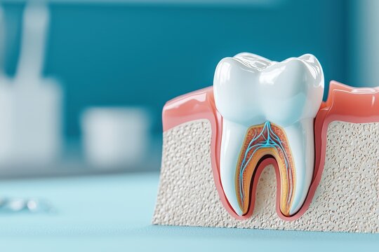 Detailed illustration of a human tooth anatomy, showcasing internal structures and surrounding tissues for educational purposes.