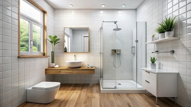 A serene and minimalist small white bathroom features a wall-mounted sink, toilet, and sleek shower with glass door, surrounded by crisp white tiles and natural light.